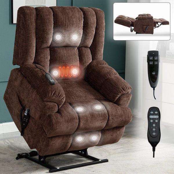 English Elm Dual Motor Power Lift Recliner Chenille Chair with Massage Heat and Infinite Positions Brown W3224P288490