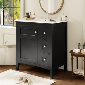 English Elm 30 Inch Bathroom Vanity with Ceramic Sink and 3 Smooth-Glide Drawers, Modern Moisture-Resistant Storage Black N710P252105B