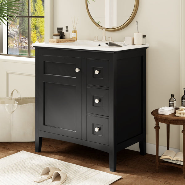English Elm 30 Inch Bathroom Vanity with Ceramic Sink and 3 Smooth-Glide Drawers, Modern Moisture-Resistant Storage Black N710P252105B
