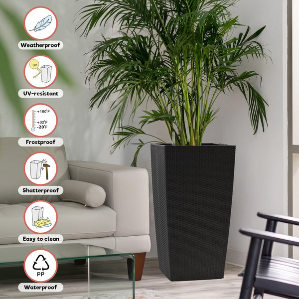 English Elm 30 Inch Tall Faux Rattan Planter Self Watering Outdoor Indoor Patio Garden Pot Black W3213P325511