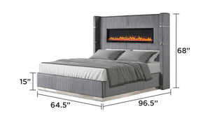 English Elm Lizelle Queen Bed Gray Velvet with Ambient Fireplace Display, USB, Bluetooth Speakers, Remote Control G150108993