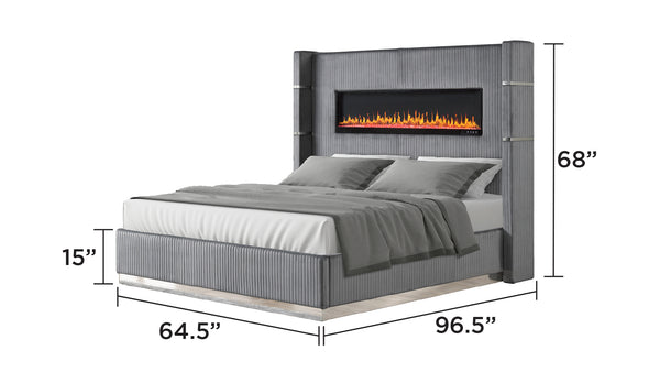 English Elm Lizelle Queen Bed Gray Velvet with Ambient Fireplace Display, USB, Bluetooth Speakers, Remote Control G150108993