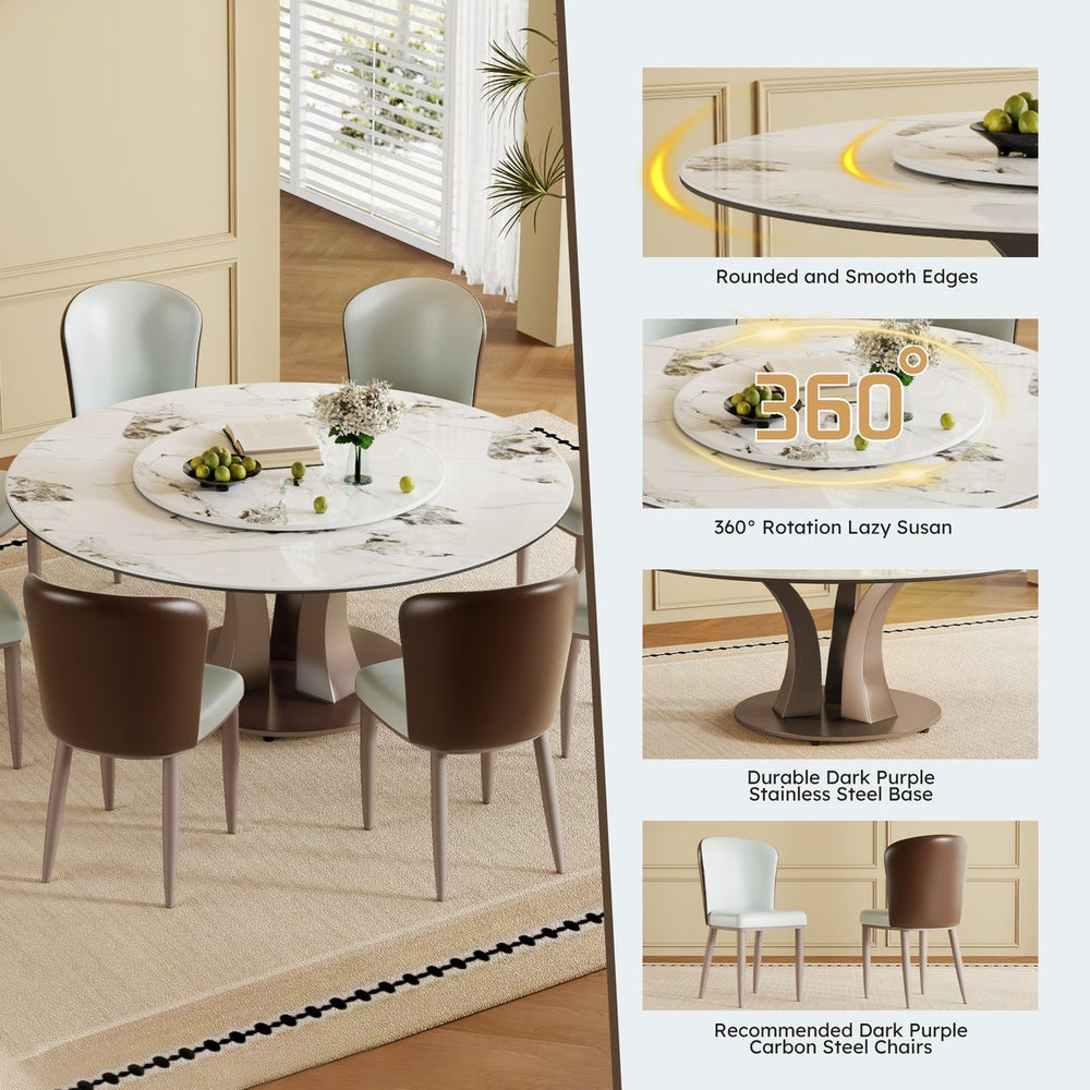 English Elm 59" Round Dining Table With Lazy Susan & Durable Sintered Stone Top – Ideal For Entertaining & Dining W2699S00046