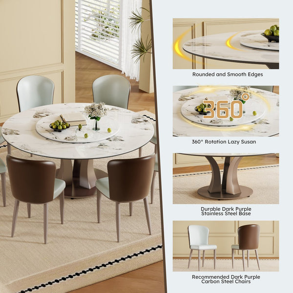 English Elm 59" Round Dining Table With Lazy Susan & Heat-Resistant Sintered Stone Top For Modern Spaces W2699S00045