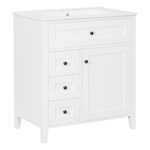 English Elm 30-Inch Contemporary Bathroom Vanity with Sink, MDF & Rubberwood, Glossy Finish, 3 Drawers + Cabinet White N725P350819K