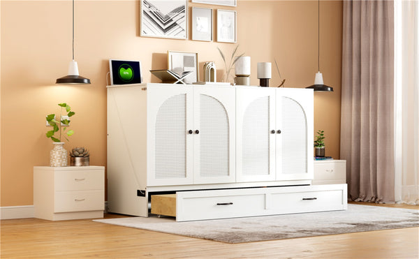 English Elm Queen Murphy Wall Bed with Usb Ports Storage Drawers and Cabinet Style Panel Front White N708S00010K-1