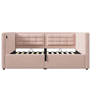 English Elm Upholstered Twin Daybed with Hydraulic Storage, Velvet Tufted Sofa Back, USB & Type-C Charging Port Pink N736P303402P