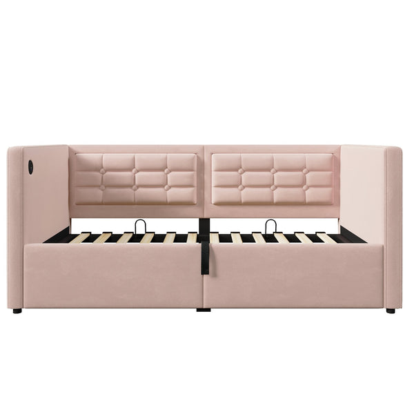 English Elm Upholstered Twin Daybed with Hydraulic Storage, Velvet Tufted Sofa Back, USB & Type-C Charging Port Pink N736P303402P
