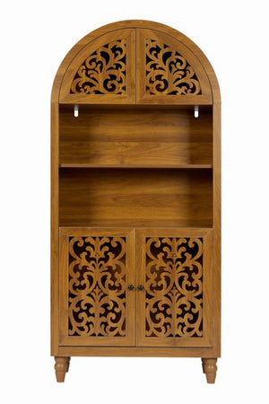 English Elm Vintage Hand-carved Solid Wood Bookcase Tall Arched Open Shelf Cabinet for Living Room W3123P485777