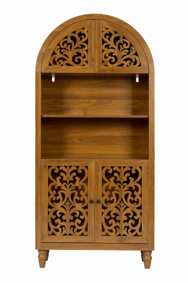 English Elm Vintage Hand-carved Solid Wood Bookcase Tall Arched Open Shelf Cabinet for Living Room W3123P485777