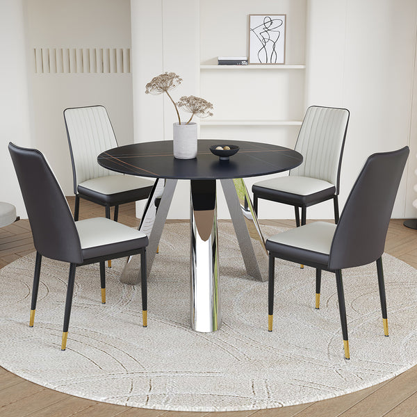 English Elm A 42-inch round dining set with stone top table and gold-plated stainless legs plus four PU chairs Black+Silver 31 L x 19.5 W x 17.5 H W1512S00135