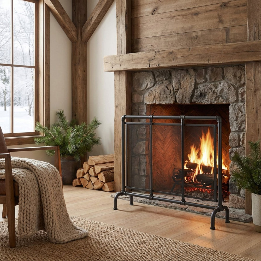 English Elm Celeste Single Panel Iron Fireplace Screen Matte Black Industrial Pipe Frame Hearth Decor N775P386833B