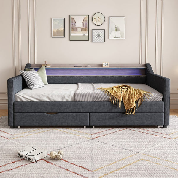 English Elm Twin Size Daybed With Usb Ports, Led Lighting & Storage Drawers For Modern Living Room Decor W2336S00026-GIGA