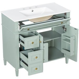 English Elm 36 Inch Freestanding Bathroom Vanity Sage Pine Cabinet Gold Hardware Ceramic Sink Green N725P366468G