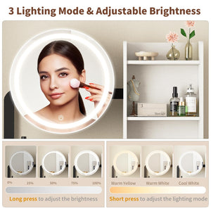 English Elm Small Bedroom Vanity Desk with Led Mirror Cushioned Stool Power Outlet and Storage White+Black W3587P462333