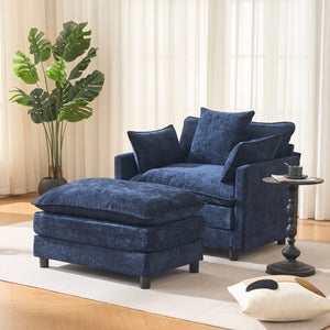 English Elm 39.4" Chenille Club Chair with Ottoman Solid Wood Frame Contemporary Living Room Seat Blue W3244P427715