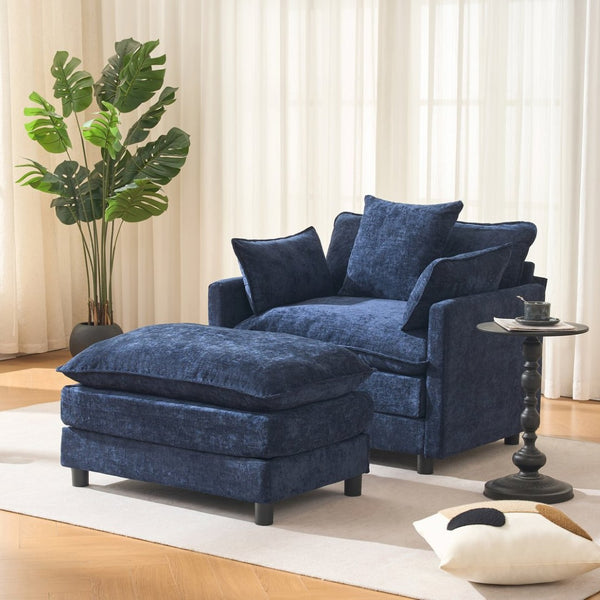 English Elm 39.4" Chenille Club Chair with Ottoman Solid Wood Frame Contemporary Living Room Seat Blue W3244P427715