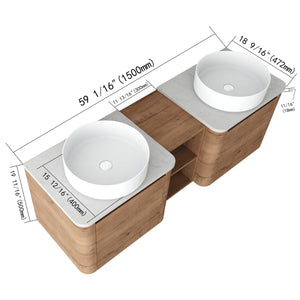 English Elm 60'' Wall-Mounted Bathroom Vanity With Ceramic Art Sink, Soft-Close Door & Stylish Storage Solutions W999S00410
