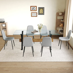 English Elm Table And Chair Set - Modern 79" Glass Top With X-Shaped Black Metal Legs & 6 Light Gray Linen Chairs W1151S03604-GIGA