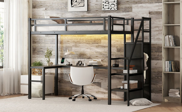 English Elm Twin Xl Metal Loft Bed With L-Shaped Desk & Usb Ports – Stylish Space-Saver For Teens & Adults! W1580S00041-GIGA