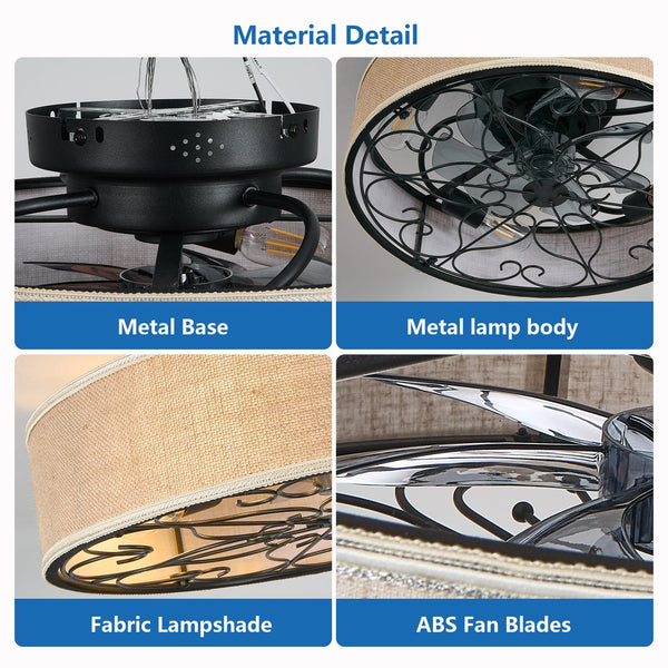 English Elm 20 20-Inch Caged Flush Mount Ceiling Fan with LED Lights, Bladeless Fabric Shade, Remote, DC Quiet W1340P343837