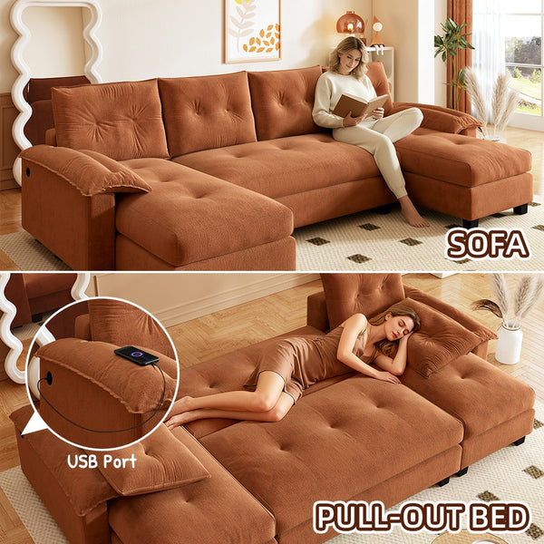 English Elm 104.7" U-Shaped Sleeper Sofa with Pull-Out Bed, Convertible Modular Sectional with Chaise, USB Ports, Chenille Upholstery Orange W1885S00213