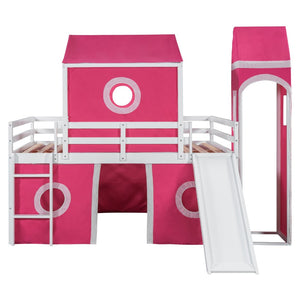 English Elm Full Size Kids Castle Loft Bed with Slide Tent and Tower Pinewood Play Structure LT000771AAH-1