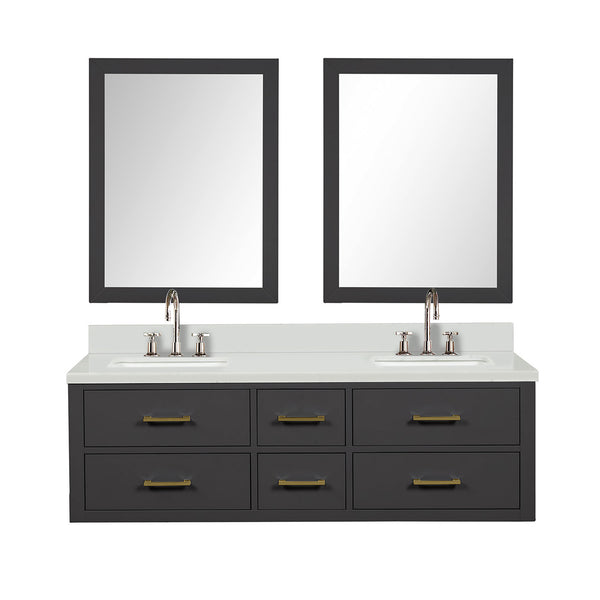 English Elm Black Double Bath Vanity Set With White Quartz Top, Chrome Faucets & 28" Matching Mirrors - Modern Elegance B2731S01825