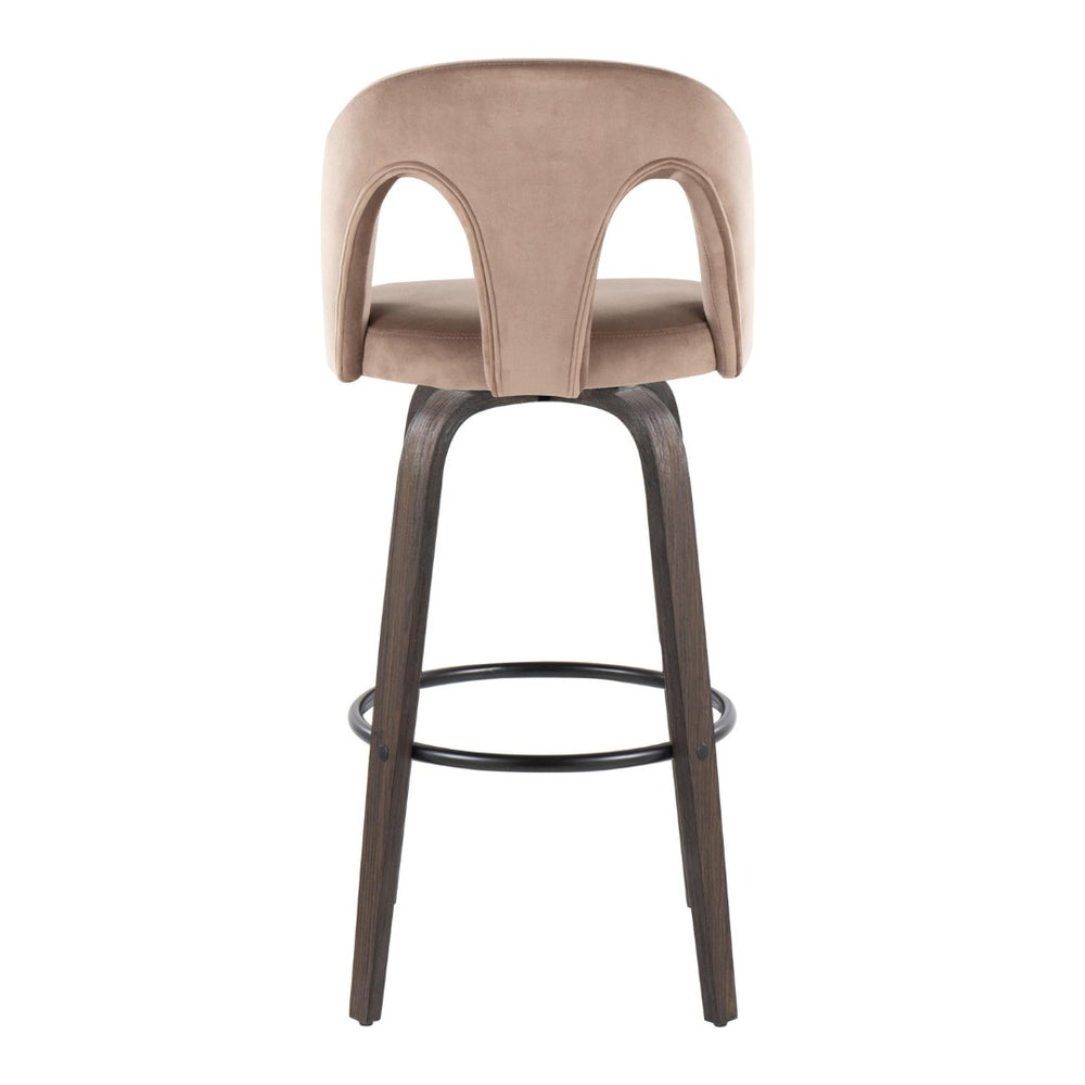 English Elm Fixed-height Swivel Barstools Walnut Bentwood Taupe Velvet Seat Mid-century Set of 2 B202S01887