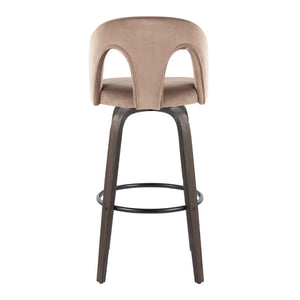 English Elm Fixed-height Swivel Barstools Walnut Bentwood Taupe Velvet Seat Mid-century Set of 2 B202S01887