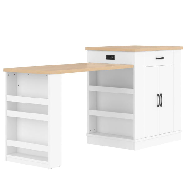 English Elm Extendable Kitchen Island with Storage Drawers Open Shelving and Cabinet in White W1580S00273