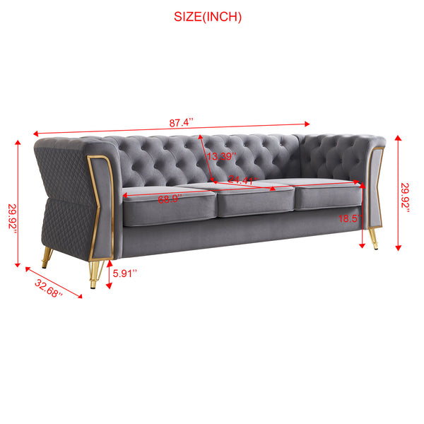 English Elm Modern Tufted Velvet Sofa with Gold Accent Frame and Flared Arms, High-Density Comfort Seating LIGHT GREY W579P329998