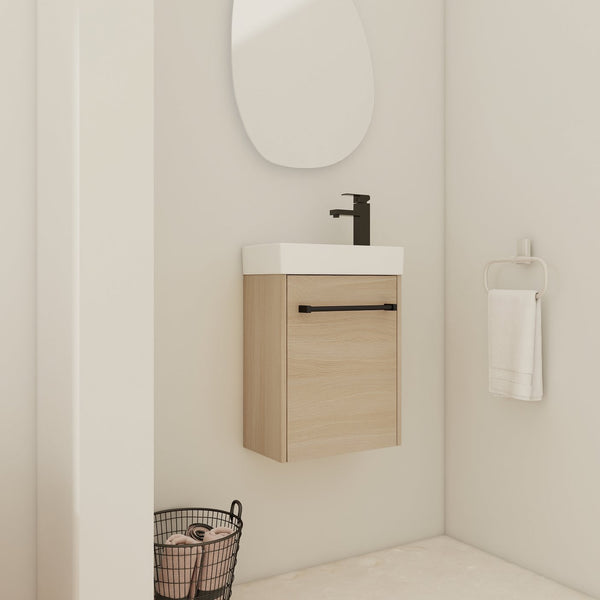 English Elm 16'' Floating Wall-Mounted Bathroom Vanity with Ceramic Basin, Soft-Close Door, Water-Resist Finish Light Oak W999P236336