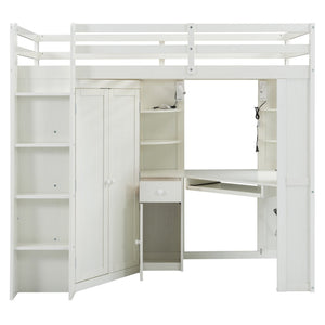 English Elm Twin Loft Bed with Wardrobe Desk Charging Station and Spotlights for Small Rooms Beige White LT000450AAK