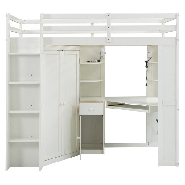 English Elm Twin Loft Bed with Wardrobe Desk Charging Station and Spotlights for Small Rooms Beige White LT000450AAK