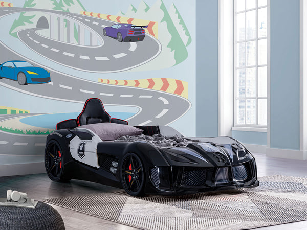 English Elm Modern Police Car Bed Twin Size With Led Lights, Magnetic Doors & Upholstered Headboard For Kids B2741S00497