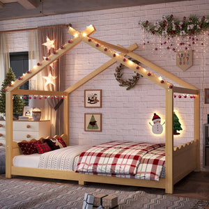 English Elm Twin House Frame Floor Bed Solid Pine Kids Room Montessori Low Profile Play Nook W1580P387841