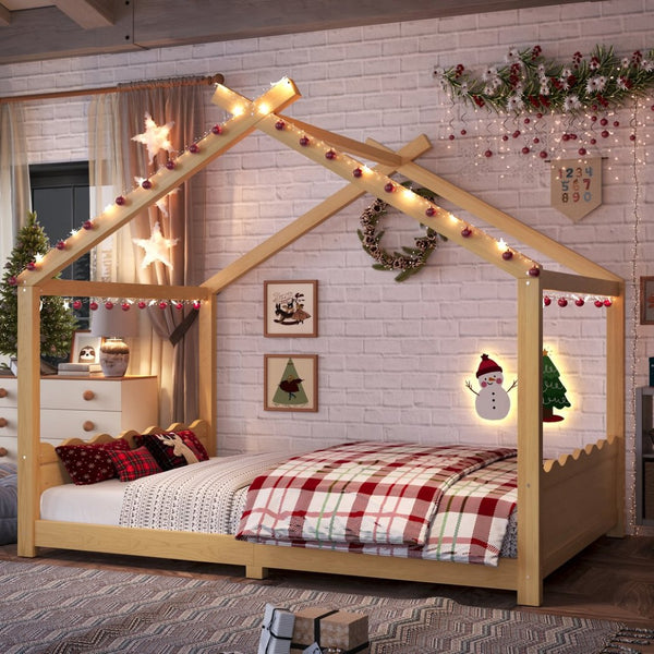 English Elm Twin House Frame Floor Bed Solid Pine Kids Room Montessori Low Profile Play Nook W1580P387841
