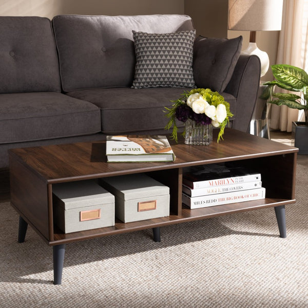 Baxton Studio Baxton Studio Mid-Century Modern Coffee Table with Open Shelving - Stylish Brown & Grey Design SECFT3001-Columbia Brown/Dark Grey-CT