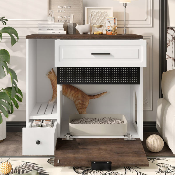 English Elm Cat Hidden Litter Box Furniture with 2 Drawers & Door, MDF Cat House End Table for Living Room, White/Brown N704P287849D