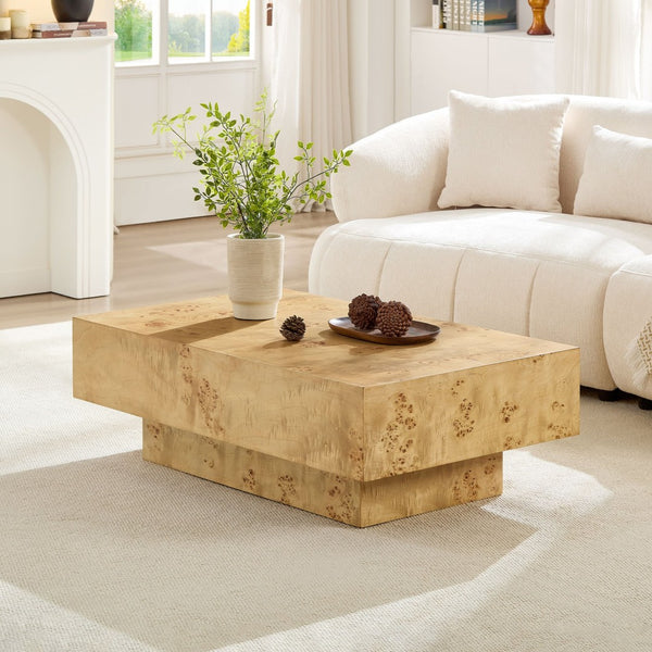 English Elm 43.31 Inch Burl Veneer Rectangular Coffee Table Mid-century Pedestal Base Living Room Natural W2582P431210