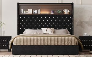 English Elm Queen Velvet Tufted Wingback Platform Bed Tall Headboard with Usb Charging Shelf Black N733P367135B
