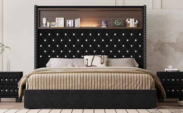 English Elm Queen Velvet Tufted Wingback Platform Bed Tall Headboard with Usb Charging Shelf Black N733P367135B