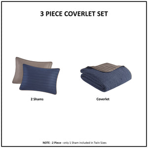 JLA Home Madison Park - 3 Reversible Crinkled Microfiber Quilt Set – Navy Face/Brown Channel-stitched Reverse, Lightweight Farmhouse Cozy MP13-8154