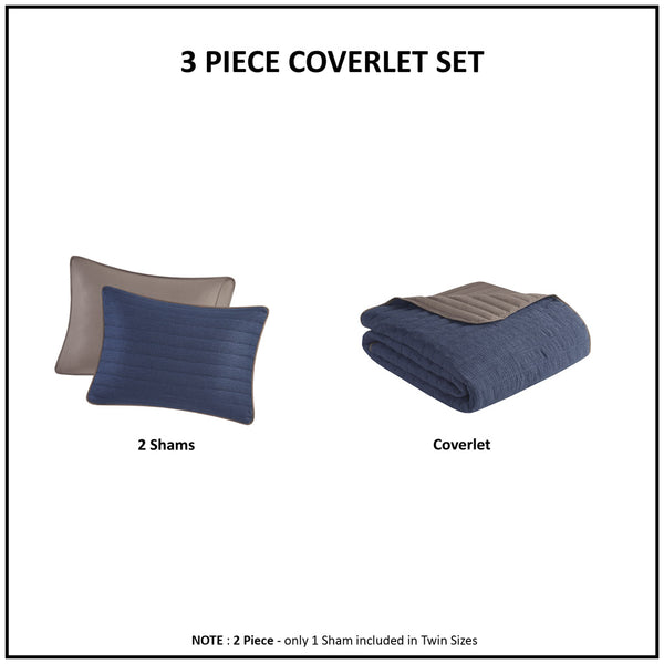 JLA Home Madison Park - 3 Reversible Crinkled Microfiber Quilt Set – Navy Face/Brown Channel-stitched Reverse, Lightweight Farmhouse Cozy MP13-8154