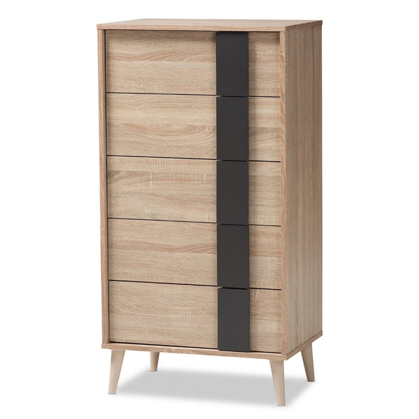 Baxton Studio Baxton Studio Lisen 5-Drawer Chest in Light Oak & Grey - Stylish Mid-Century Modern Storage Solution SECOD305US-Hana Oak/Dark Grey-5DW-Chest