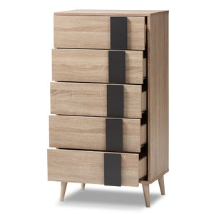 Baxton Studio Baxton Studio Lisen 5-Drawer Chest in Light Oak & Grey - Stylish Mid-Century Modern Storage Solution SECOD305US-Hana Oak/Dark Grey-5DW-Chest