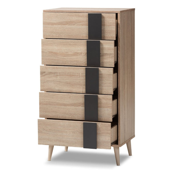 Baxton Studio Baxton Studio Lisen 5-Drawer Chest in Light Oak & Grey - Stylish Mid-Century Modern Storage Solution SECOD305US-Hana Oak/Dark Grey-5DW-Chest