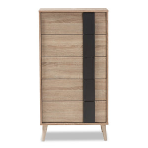 Baxton Studio Baxton Studio Lisen 5-Drawer Chest in Light Oak & Grey - Stylish Mid-Century Modern Storage Solution SECOD305US-Hana Oak/Dark Grey-5DW-Chest