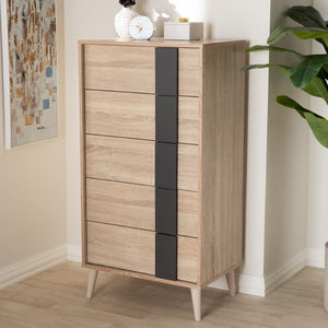 Baxton Studio Baxton Studio Lisen 5-Drawer Chest in Light Oak & Grey - Stylish Mid-Century Modern Storage Solution SECOD305US-Hana Oak/Dark Grey-5DW-Chest